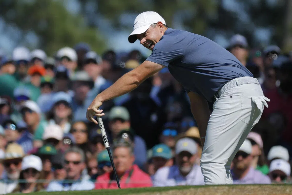Golf - The Masters - Augusta National Golf Club, Augusta, Georgia, U.S. - April 13, 2025 Northern Ireland's Rory McIlroy reacts after missing a birdie putt on the 7th green during the final round REUTERS/Mike Blake