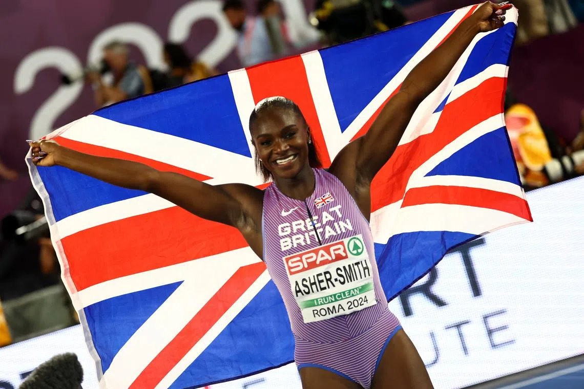 Athletics - European Athletics Championships - Stadio Olimpico, Rome, Italy - June 9, 2024 Britain's Dina Asher-Smith celebrates winning the women's 100m final REUTERS/Kai Pfaffenbach