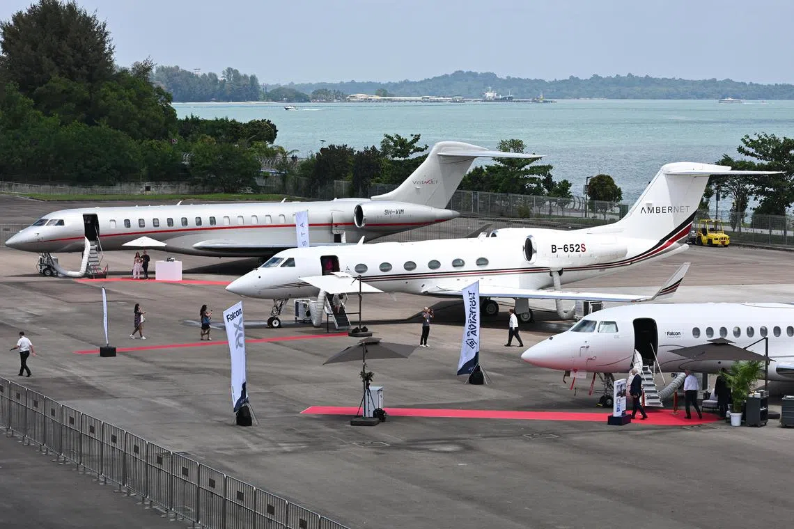 ST20250304-202551800975-Lim Yaohui-Esther Loi-elaviation04/

(From left) VistaJet Global 7500, the world’s largest purpose-built business jet; Amber Aviation Gulfstream G450, a mid-size business jet; and Dassault Falcon 8X, an ultra-long haul business jet; as part of the aircraft static display during Business Aviation Asia Forum & Expo 2025 at Changi Exhibition Centre on March 4, 2025. 

The biennial Business Aviation Asia Forum & Expo (BAAFEx) is set to inaugurate its first edition with more than 50 participating companies confirmed and more than 2,000 trade visitors expected from across 38 countries.
 
(ST PHOTO: LIM YAOHUI)
