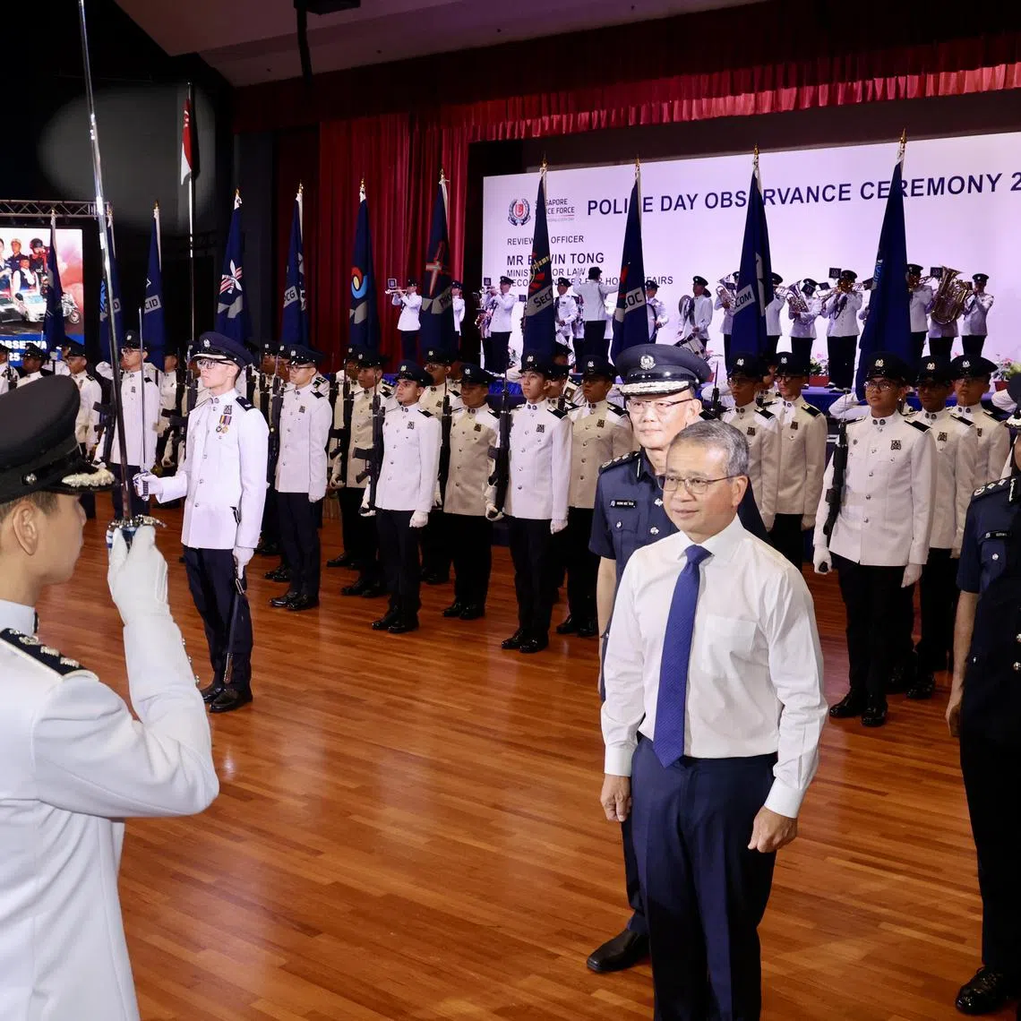 Second Minister for Home Affairs Edwin Tong during the inspection of the guard of honour contingent at the Police Day observance ceremony at the Home Team Academy on June 3.