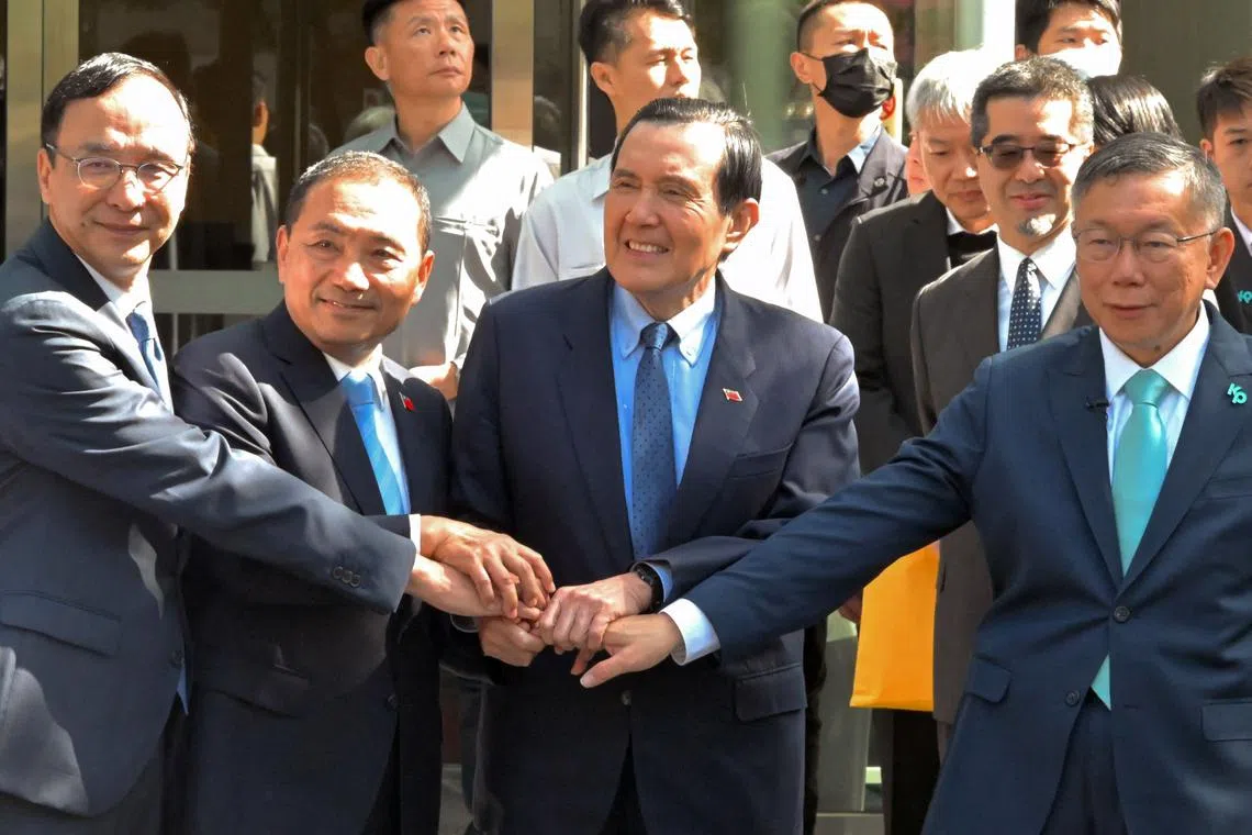 (From left) Kuomintang chairman Eric Chu and presidential candidate Hou Yu-ih, former Taiwan president Ma Ying-jeou and Taiwan People's Party presidential candidate Ke Wen-je on Nov 15. 