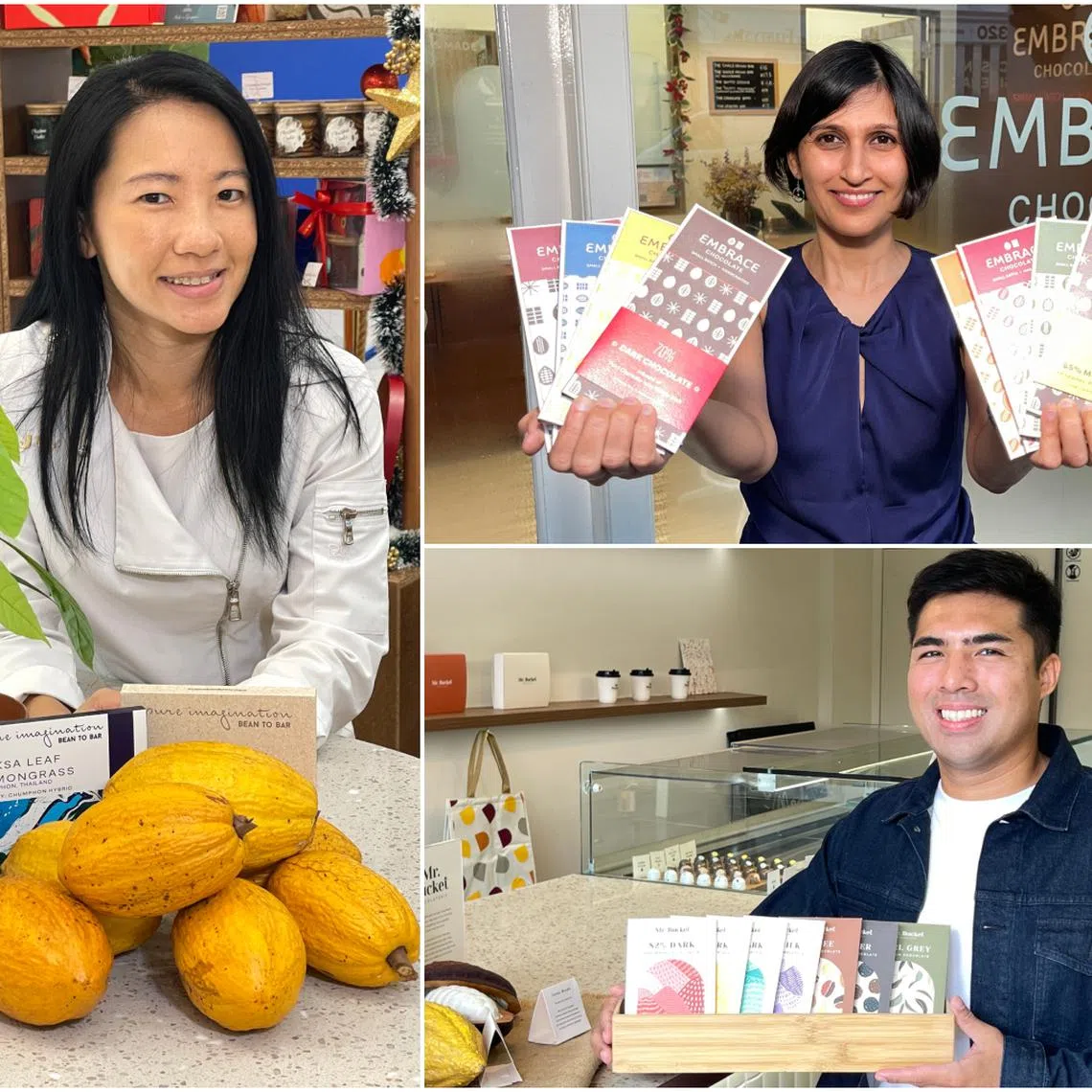 Clockwise from top right: Ms Namita Gupta, founder and owner of Embrace Chocolate, Mr Jerome Penafort, founder and chief executive of Mr Bucket Chocolaterie and chef artist Janice Wong of Janice Wong Pure Imagination.