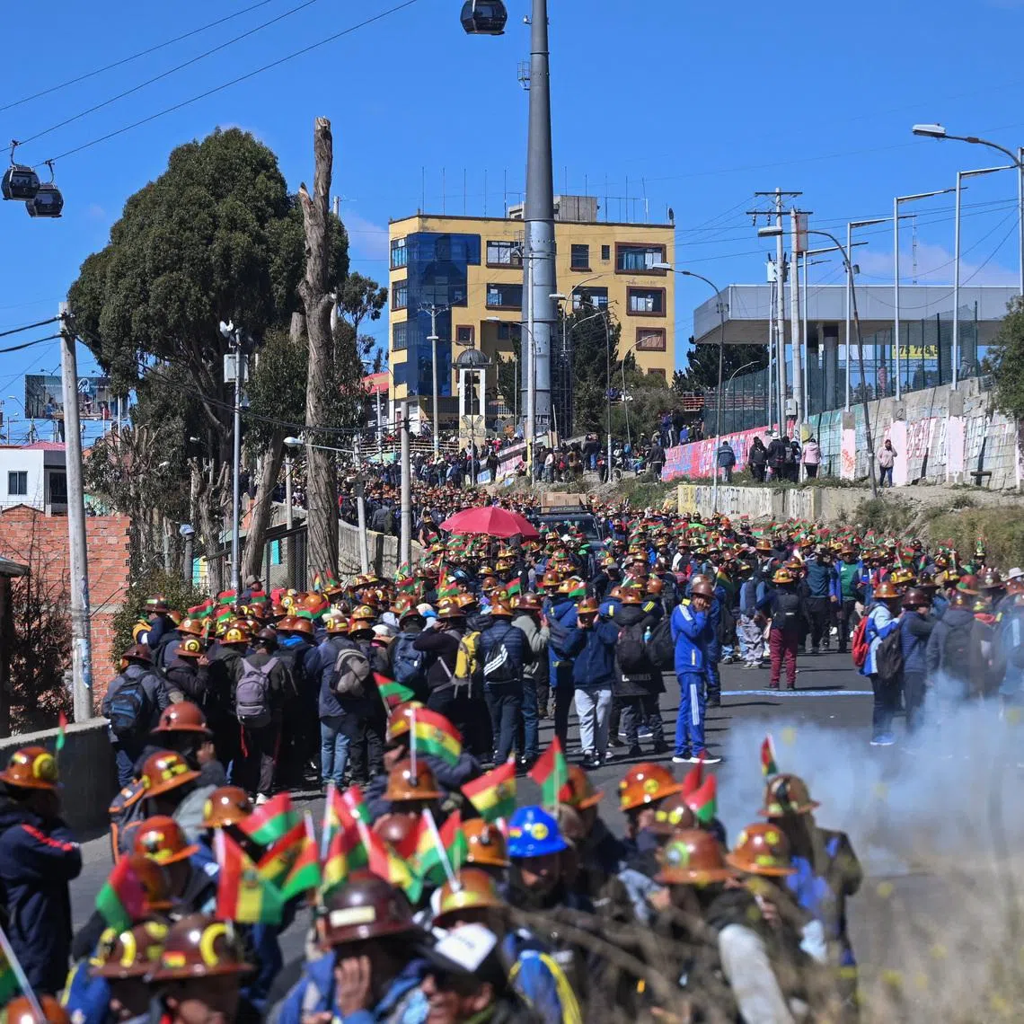 Demonstrators from mining unions take part in a protest against President Rodrigo Paz's government amid an ongoing economic and fuel crisis, in La Paz, Bolivia, May 14, 2026. REUTERS/Claudia Morales