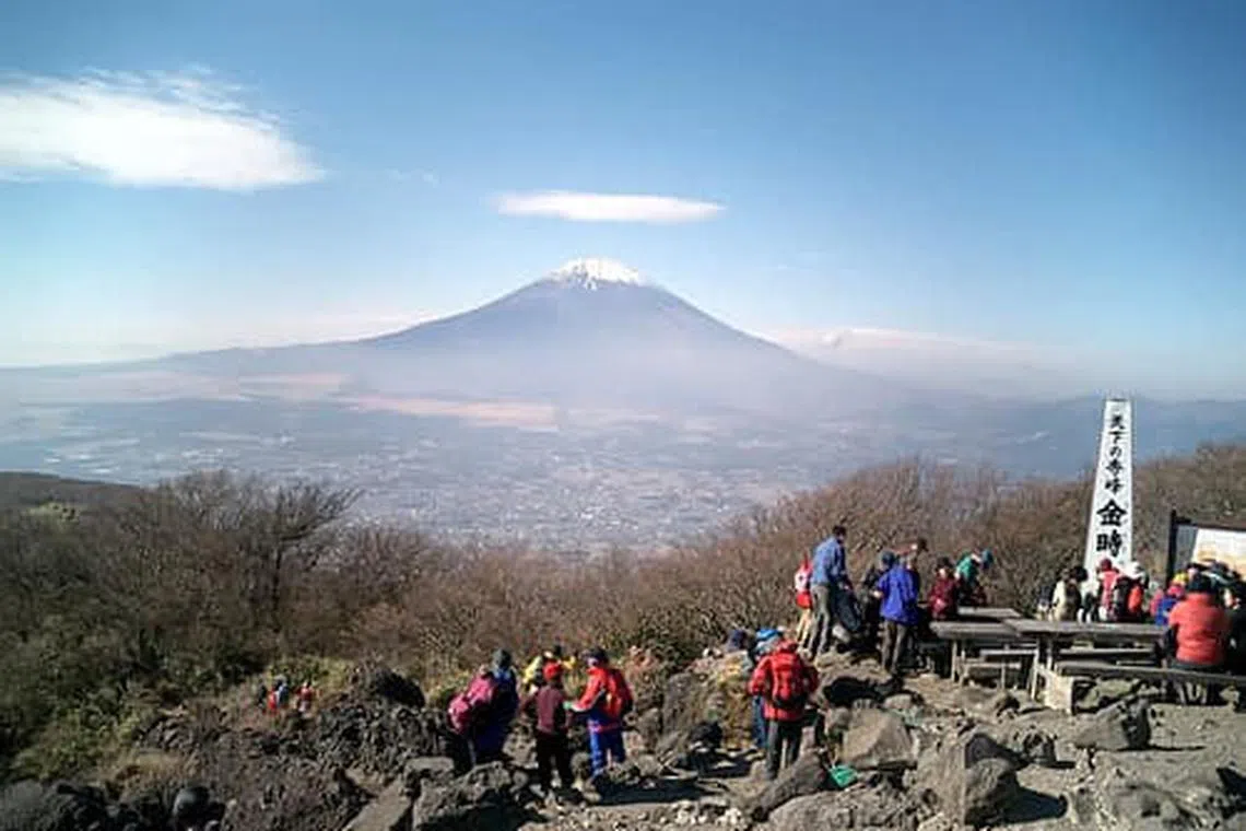 The view of Mount Fuji from Mount Kintoki  in the Fuji-Hakone-Izu National Park in Japan.