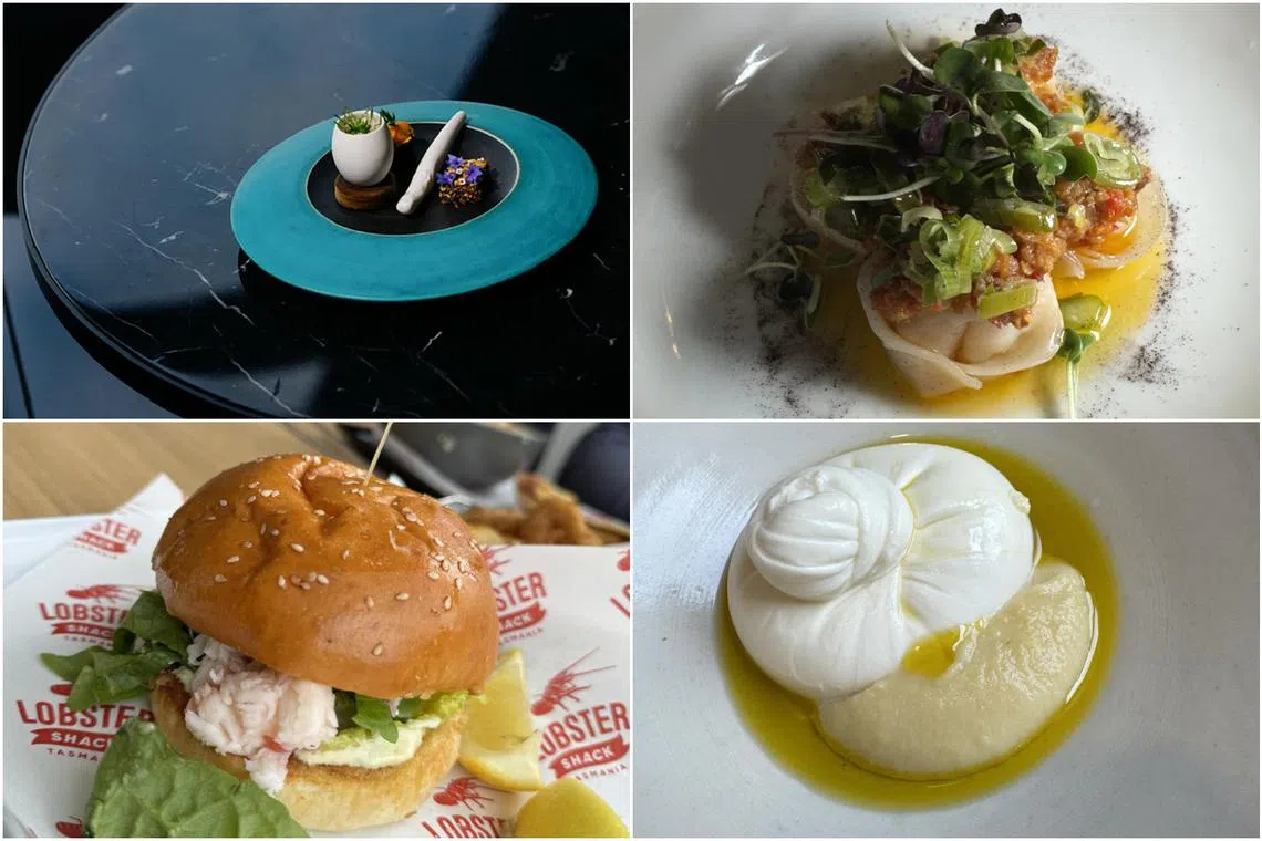 (Clockwise from top left) A starter from Faro, Steamed tiger prawn dumplings with wagyu fat XO sauce from Stillwater Restaurant, burrata from The Agrarian Kitchen and lobster roll from Lobster Shack Tasmania.
