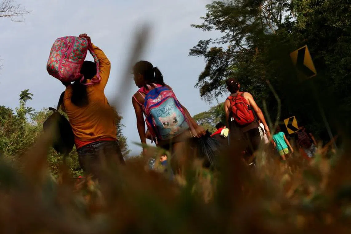 Migrants walk in a caravan in an attempt to reach the U.S. border, in Escuintla, Mexico December 27, 2023. REUTERS/Jose Torres