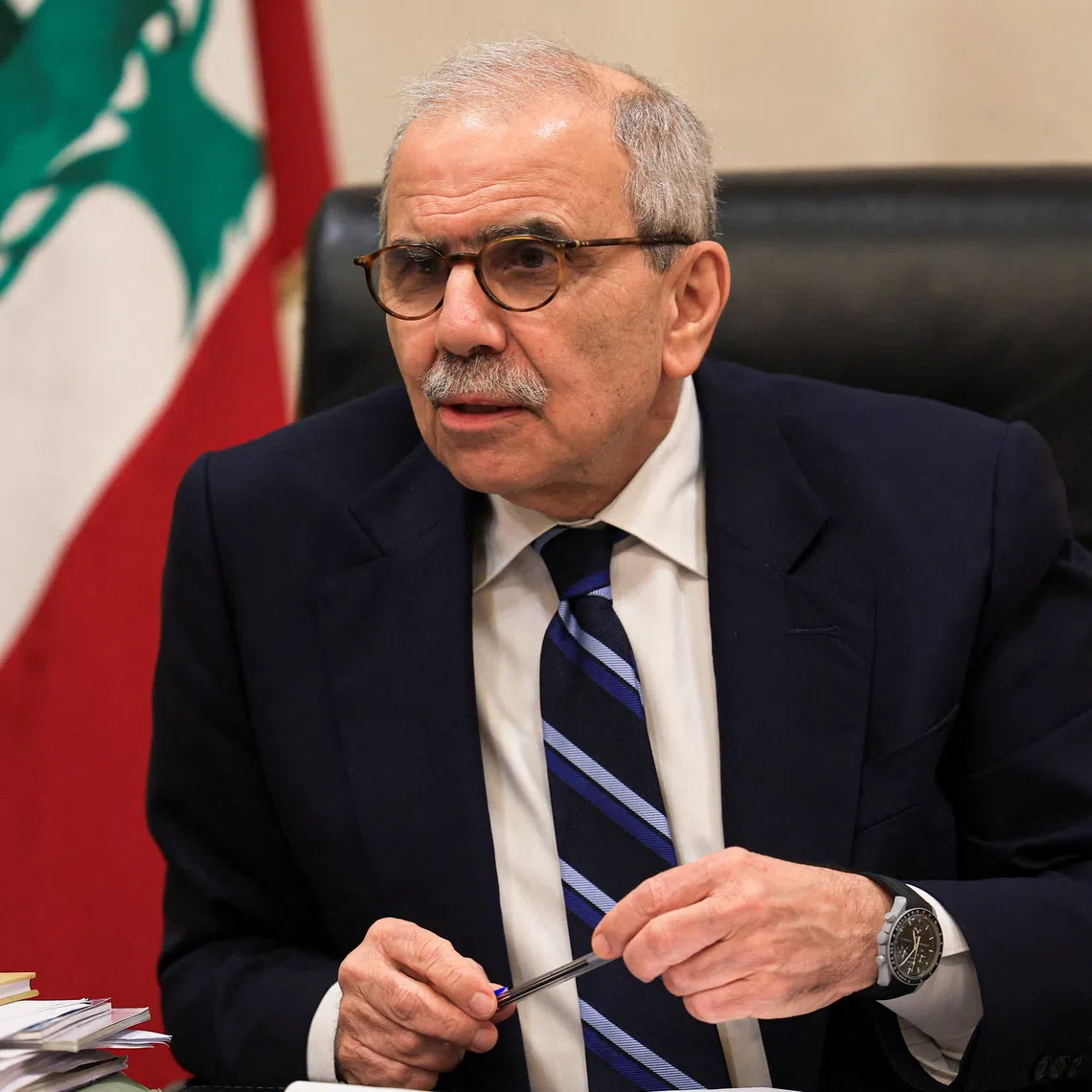 Lebanese Prime Minister Nawaf Salam speaks to journalists at the government headquarters in Beirut, Lebanon, December 3, 2025. REUTERS/Mohamed Azakir