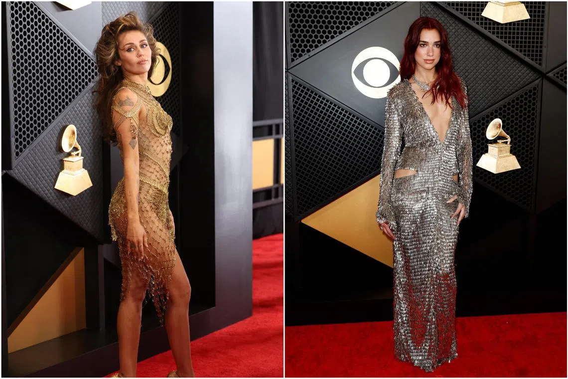 American singer-songwriter Miley Cyrus (left) and British singer-songwriter Dua Lipa arriving for the Grammy Awards in Los Angeles on Feb 4.