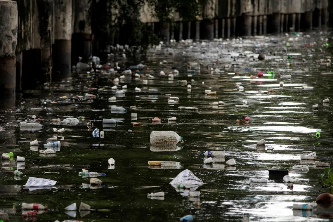 Plastic bottles float on the heavily polluted San Juan River, a tributary of Pasig River in Mandaluyong City, Philippines, June 21, 2021. Picture taken June 21, 2021. REUTERS/Eloisa Lopez/File Photo