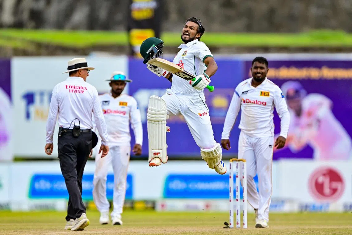 Bangladesh captain Najmul Hossain Shanto celebrates after scoring a century on the fifth and final day of the first Test against Sri Lanka at the Galle International Cricket Stadium on June 21, 2025.