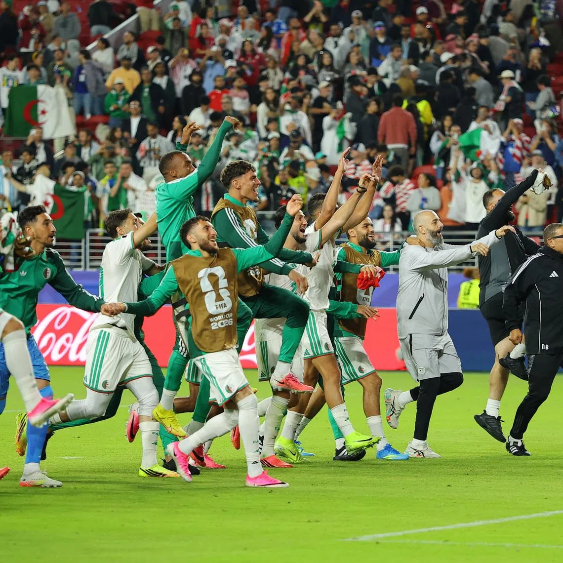 Soccer Football - FIFA World Cup 2026 - Group J - Jordan v Algeria - San Francisco Bay Area Stadium, Santa Clara, California, U.S. - June 22, 2026 Algeria players celebrate after the match REUTERS/Carlos Barria