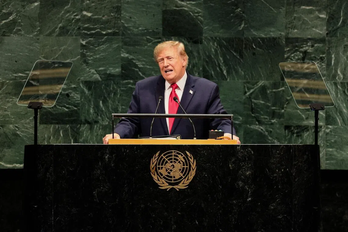 US President Donald Trump speaking at the United Nations General Assembly on Sept 22, in New York City.