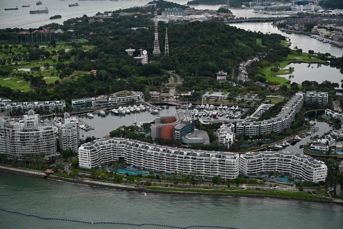 ST20240622_202451392588 Kua Chee Siong/ pixgeneric/ Generic pix of a aerial view of Sentosa Cove on June 22, 2024.
Sentosa Cove is a residential enclave in the eastern part of Sentosa Island, home to more than 2,000 oceanfront villas, waterway bungalows, hillside mansions and upscale condominiums.