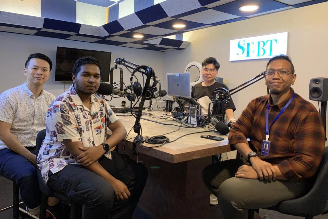 (Clockwise from left) ST sports reporter Deepanraj Ganesan, ST sports correspondent David Lee, ST podcast producer Eden Soh and ST Sports correspondent Sazali Abdul Aziz in the podcast studio.