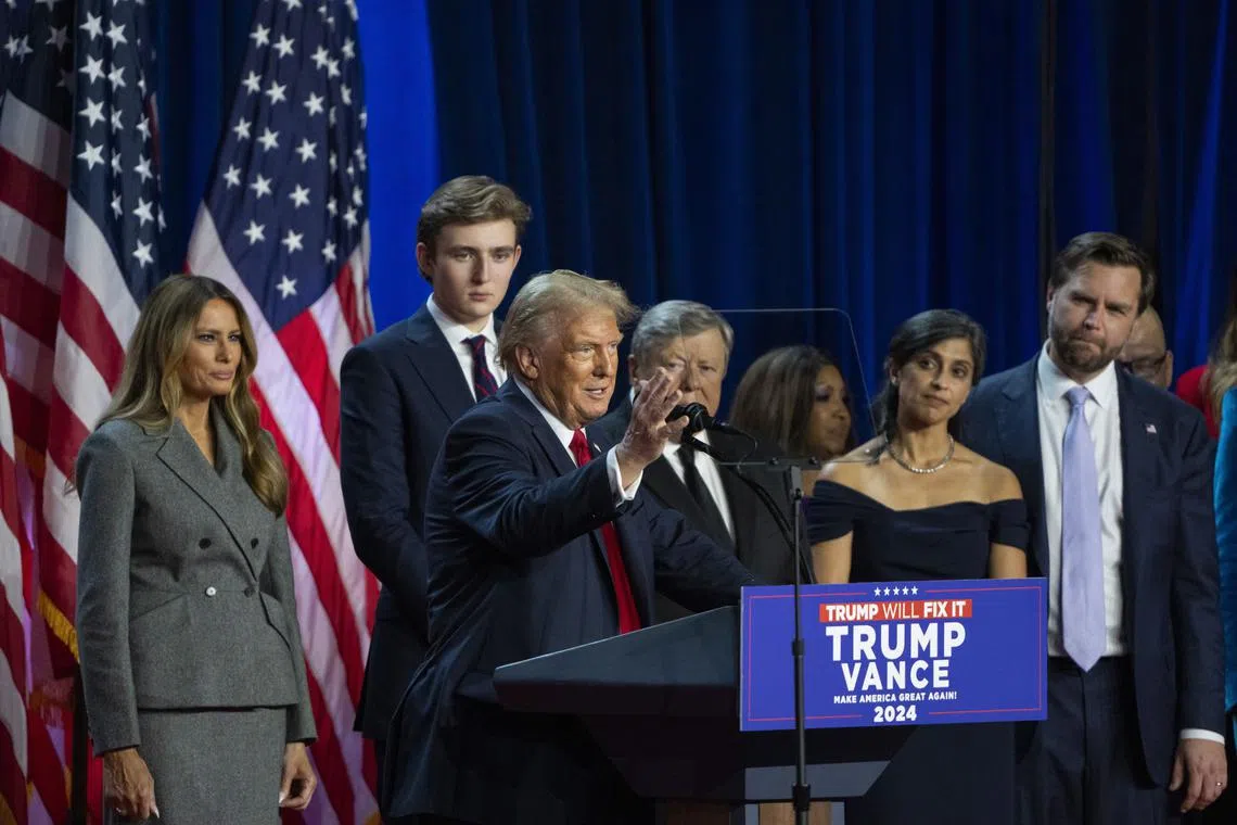 US President-elect Donald Trump speaking at an election night event at a convention centre in West Palm Beach, Florida, on Nov 6.
