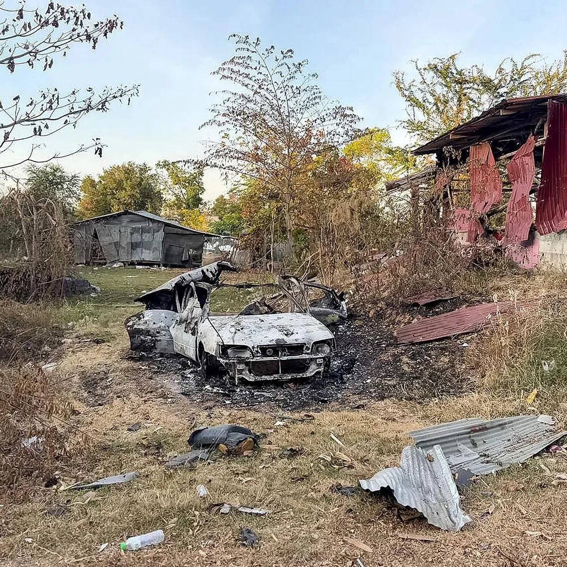 Damaged houses following clashes between Cambodian and Thai soldiers in Chouk Chey village in Banteay Meanchey province.