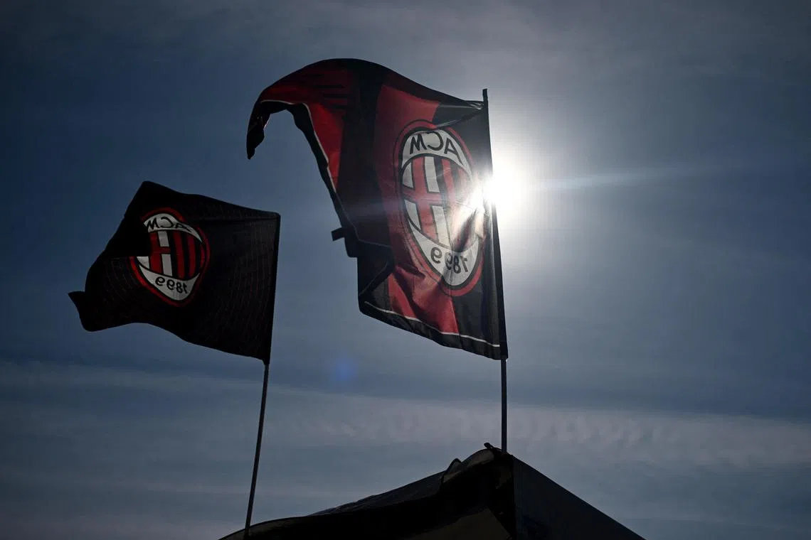 Soccer Football - Champions League - Group F - AC Milan v Newcastle United - San Siro, Milan, Italy - September 19, 2023 AC Milan flags are seen outside the stadium before the match REUTERS/Daniele Mascolo