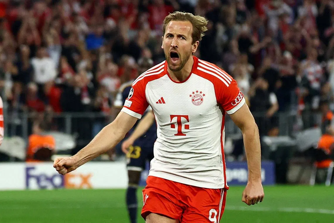 Soccer Football - Champions League - Semi Final - First Leg - Bayern Munich v Real Madrid - Allianz Arena, Munich, Germany - April 30, 2024 Bayern Munich's Harry Kane celebrates scoring their second goal REUTERS/Kai Pfaffenbach