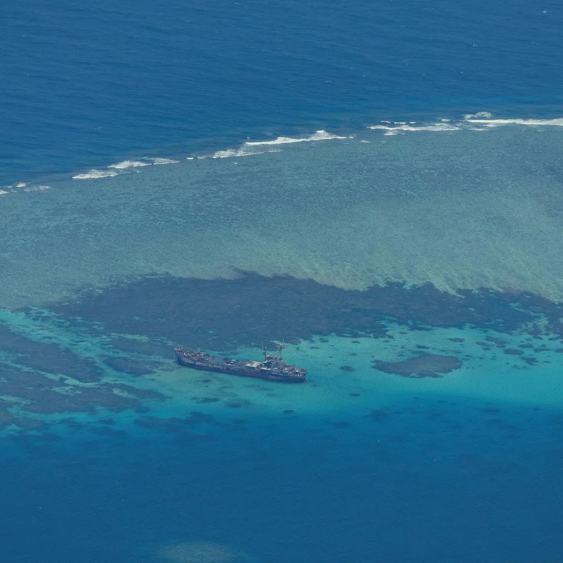 An aerial view shows the BRP Sierra Madre on the contested Second Thomas Shoal, locally known as Ayungin, in the South China Sea, March 9, 2023.