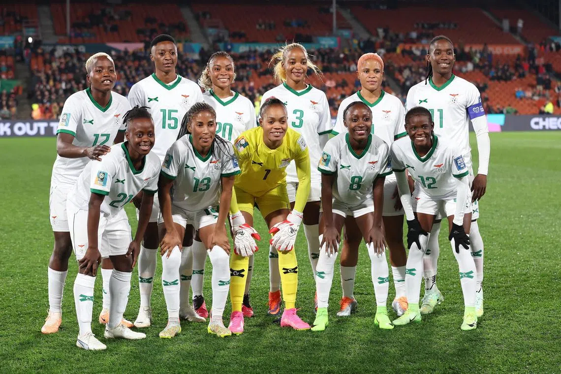 epa10778265 Zambian players pose to photographers before the FIFA Women's World Cup group C soccer match in Hamilton, New Zealand, 31 July 2023.  EPA-EFE/HOW HWEE YOUNG