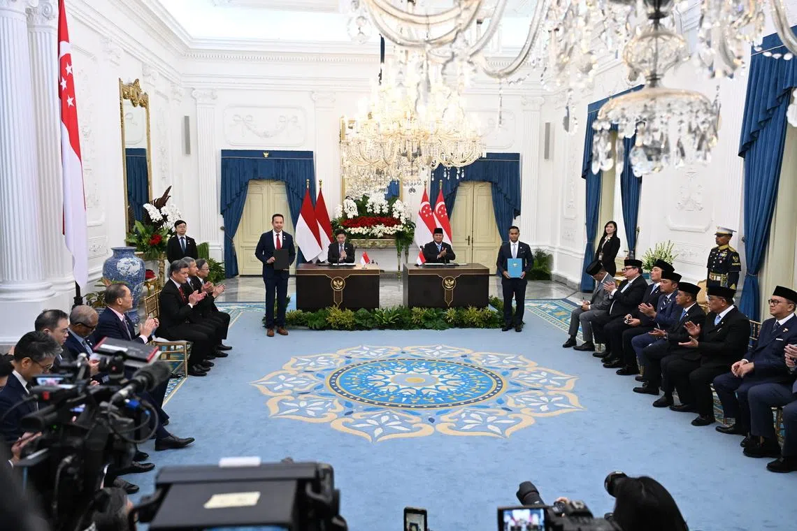 Prime Minister Lawrence Wong and Indonesian President Prabowo Subianto at a joint press conference during the annual Singapore-Indonesia Leaders’ Retreat in Jakarta on July 6.