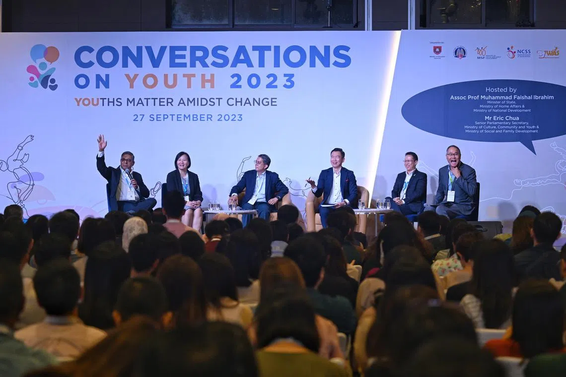 National Committee on Prevention, Rehabilitation and Recidivism (NCPR) Co-chairpersons Minister of State for Home Affairs and National Development Assoc Prof Muhammad Faishal Ibrahim and Senior Parliamentary Secretary for Social and Family Development and Culture Eric Chua, participating at a panel session at the Conversations on Youth symposium at the One Farrer Hotel on Sep 27, 2023.