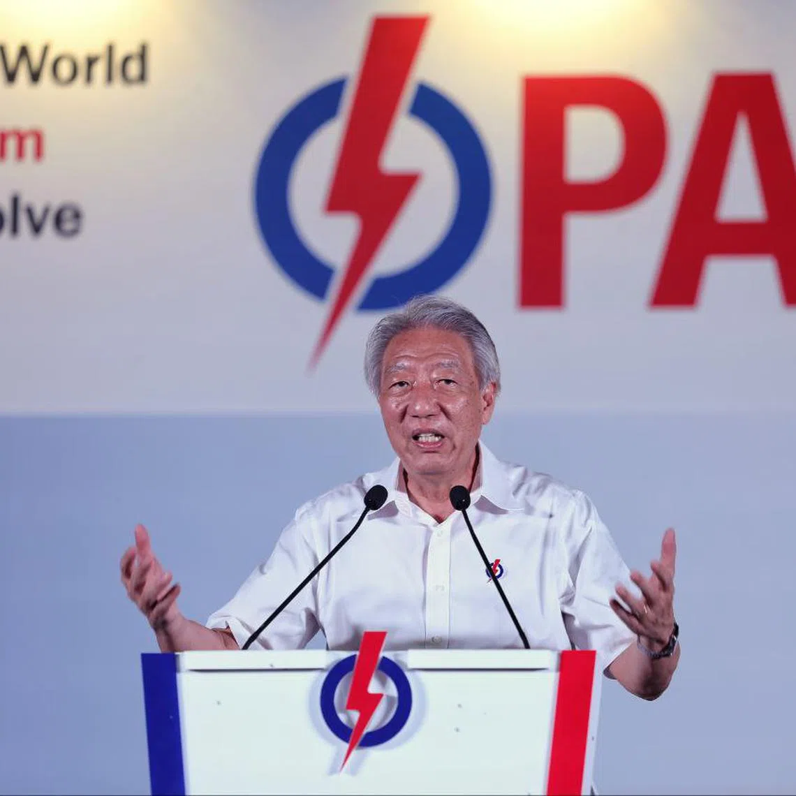 Senior Minister Teo Chee Hean speaking at a rally at Yusof Ishak Secondary School on April 26.