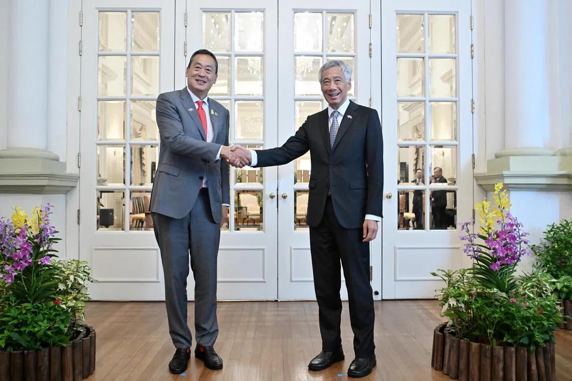 Thai Prime Minister Srettha Thavisin with Prime Minister Lee Hsien Loong at the Istana on Oct 12, 2023.