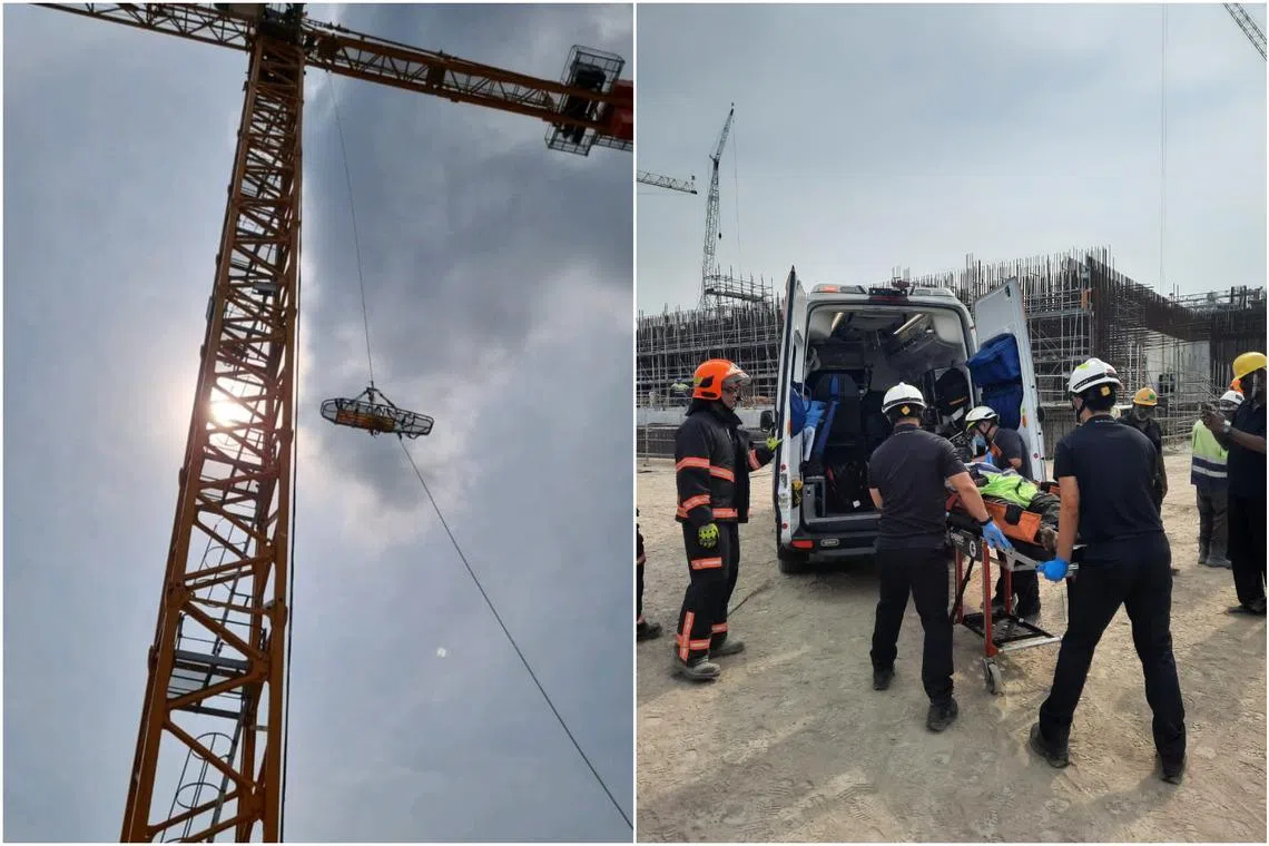 SCDF officers raised a stretcher to the crane cabin to rescue the man, who had said he was feeling unwell and unable to climb down himself.