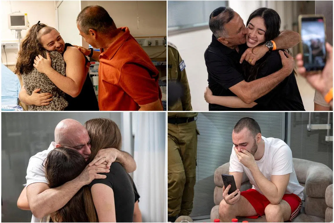 (Clockwise from top left) Former hostages Mr Almog Meir Jan, Ms Noa Argamani, Mr Andrey Kozlov and Mr Shlomi Ziv who were rescued in an  operation by Israeli forces on June 8. I