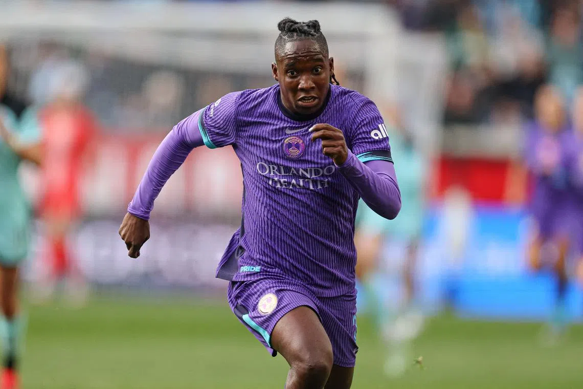 FILE PHOTO: Mar 23, 2025; Harrison, New Jersey, USA; Orlando Pride forward Barbra Banda (22) in action against Gotham FC during the first half at Sports Illustrated Stadium. Mandatory Credit: Vincent Carchietta-Imagn Images/File Photo