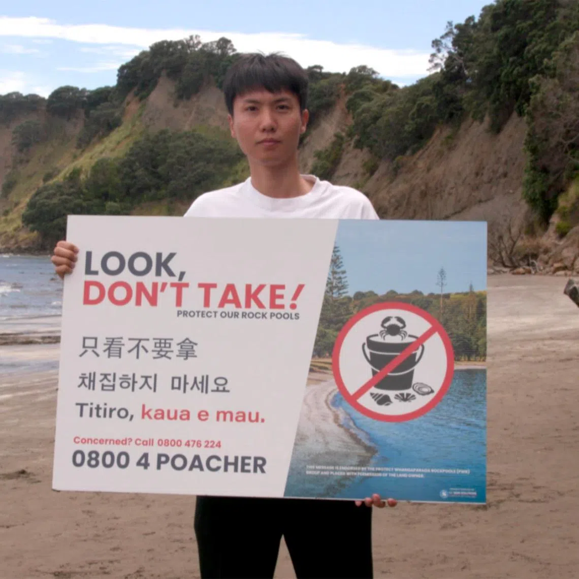 Signs have been translated into Chinese and Korean languages urging visitors to the beaches to not take shellfish from the rockpools. Photo taken during the protest at Army Bay on Jan 17.