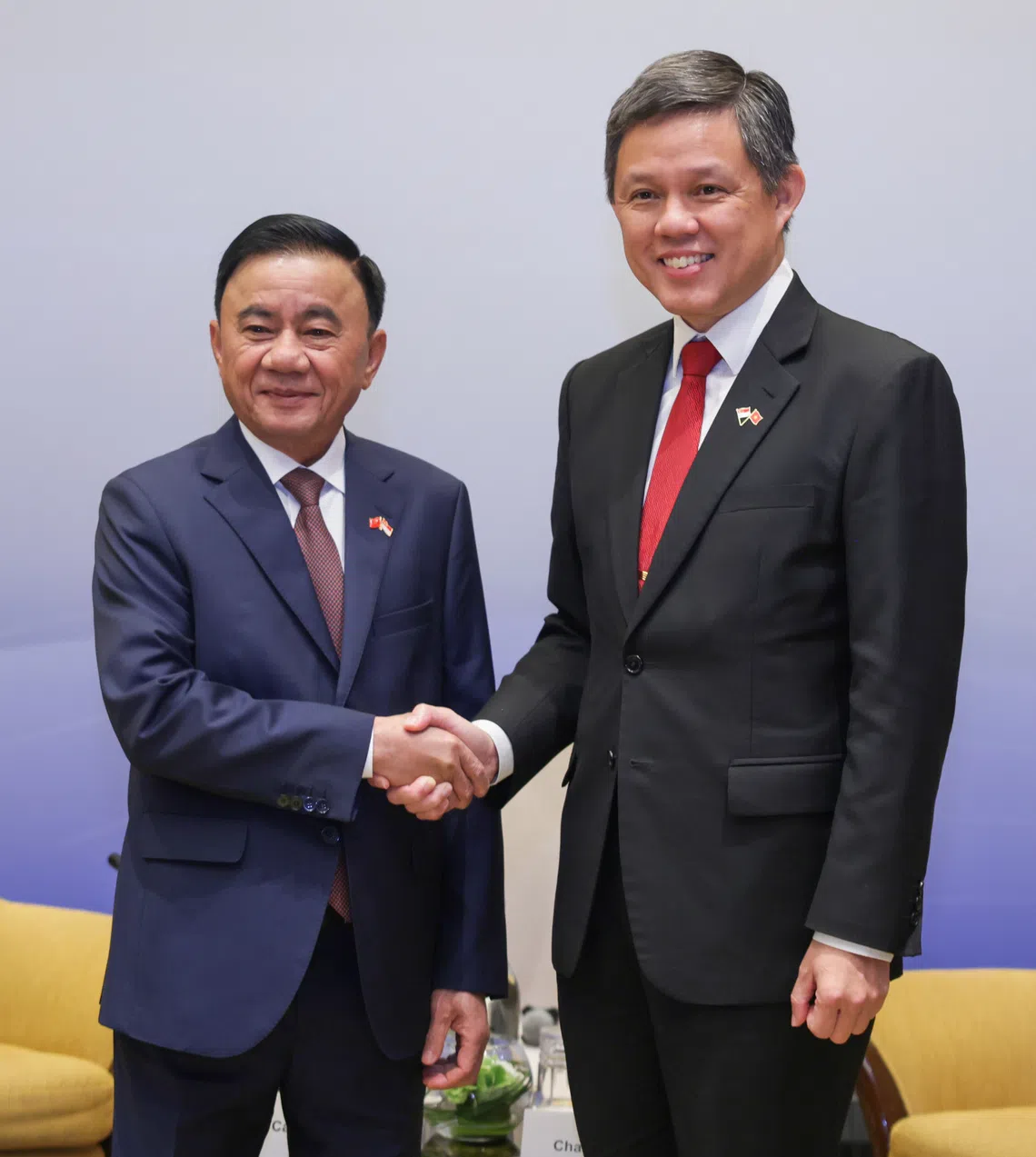 Coordinating Minister for Public Services Chan Chun Sing (right) and his Vietnamese counterpart Tran Cam Tu during the inaugural Singapore-Vietnam Strategic Dialogue on Aug 25.