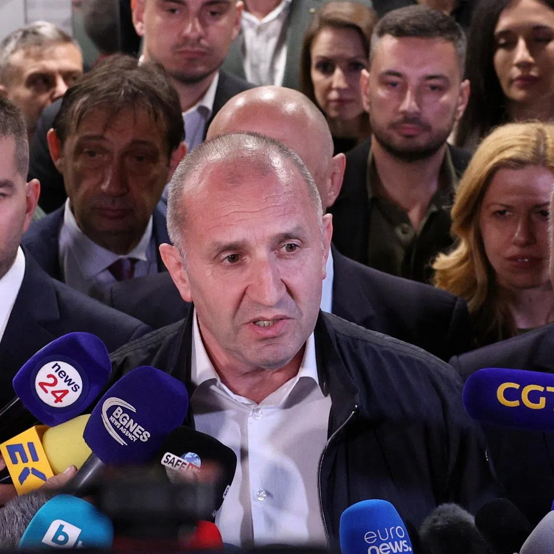 Rumen Radev, former Bulgarian president and leader of Progressive Bulgaria coalition, speaks to the media after the first exit polls at the parliamentary election, in Sofia, Bulgaria, April 19, 2026. REUTERS/Spasiyana Sergieva