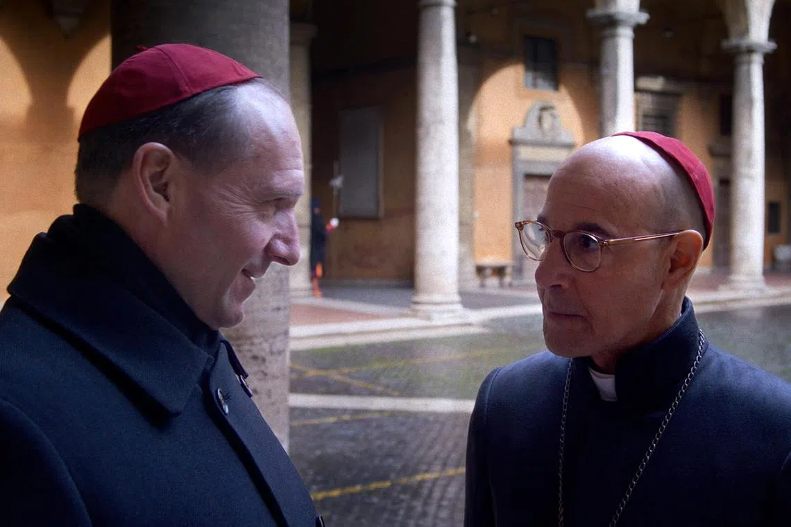 (L to R) Ralph Fiennes as Cardinal Lawrence and Stanley Tucci as Cardinal Bellini in Conclave.

source: Shaw Organisation