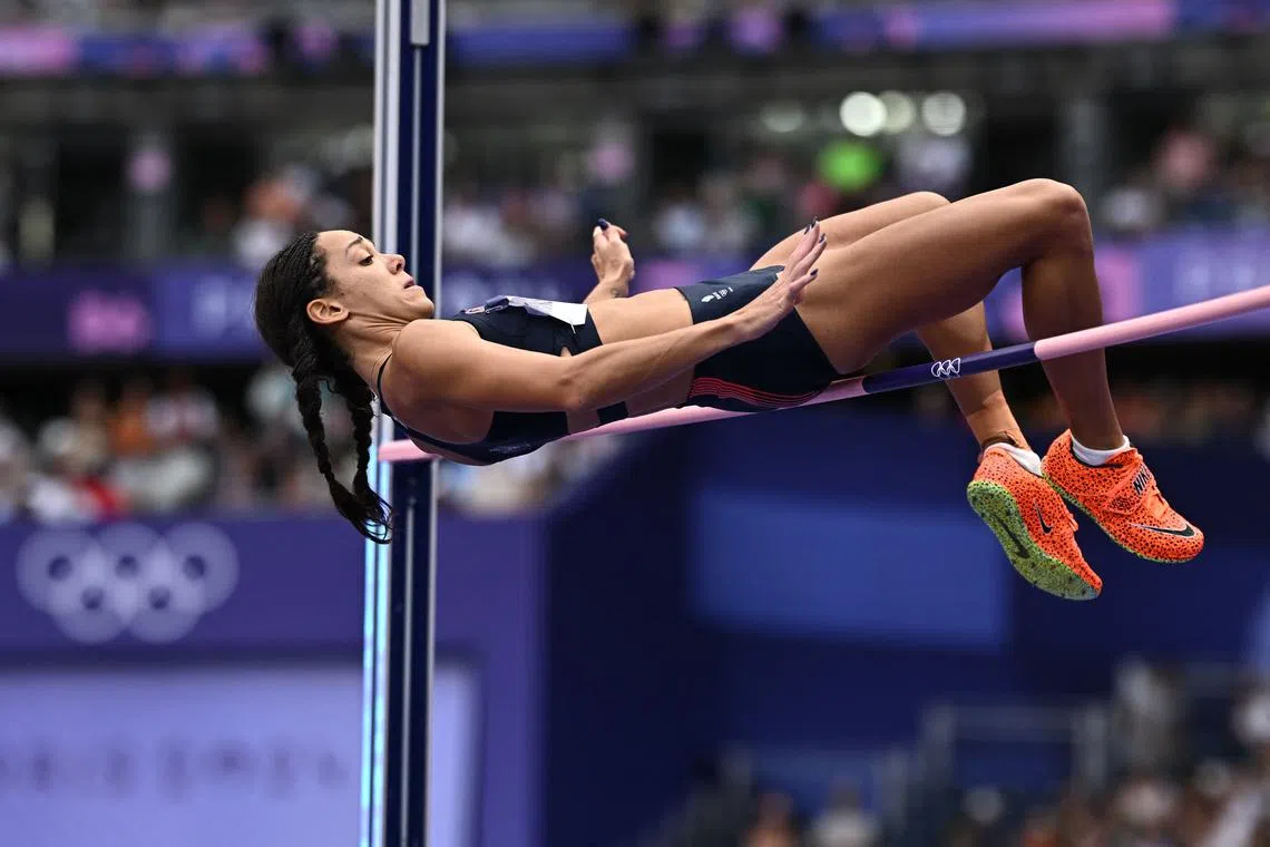 Paris 2024 Olympics - Athletics - Women's Heptathlon High Jump - Stade de France, Saint-Denis, France - August 08, 2024. Katarina Johnson-Thompson of Britain in action REUTERS/Dylan Martinez