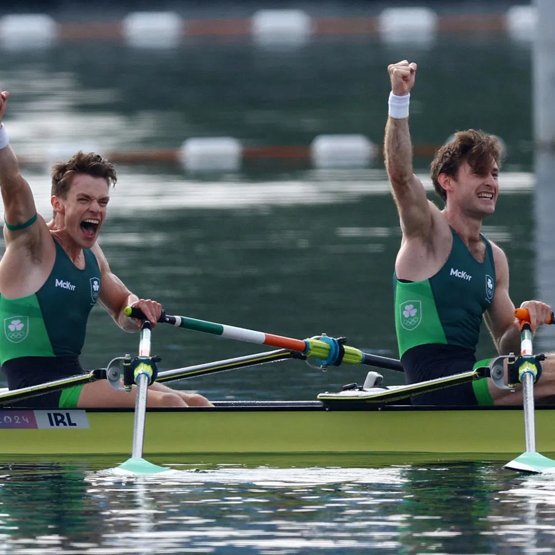 FILE PHOTO: Paris 2024 Olympics - Rowing - Lightweight Men's Double Sculls Final A - Vaires-sur-Marne Nautical Stadium - Flatwater, Vaires-sur-Marne, France - August 02, 2024. Fintan Mc Carthy of Ireland and Paul O Donovan of Ireland react after winning gold. REUTERS/Molly Darlington/File Photo