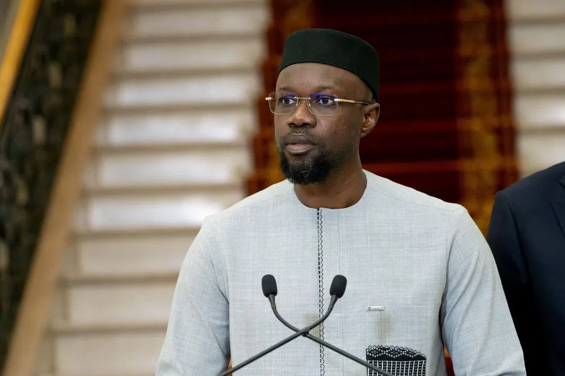 FILE PHOTO: Ousmane Sonko speaks after he was appointed prime minister by Senegal's newly-elected President Bassirou Diomaye Faye, in Dakar, Senegal April 2, 2024. REUTERS/Abdou Karim Ndoye