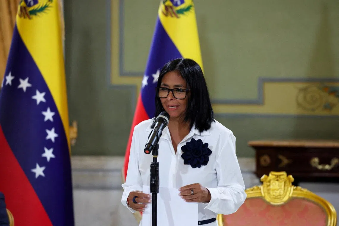 FILE PHOTO: Venezuela's interim President Delcy Rodriguez addresses the media, in Caracas, Venezuela April 13, 2026. REUTERS/Leonardo Fernandez Viloria/File Photo