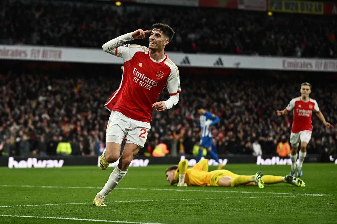 Arsenal's Kai Havertz celebrates after scoring the second goal in the 2-0 win over Brighton & Hove Albion.