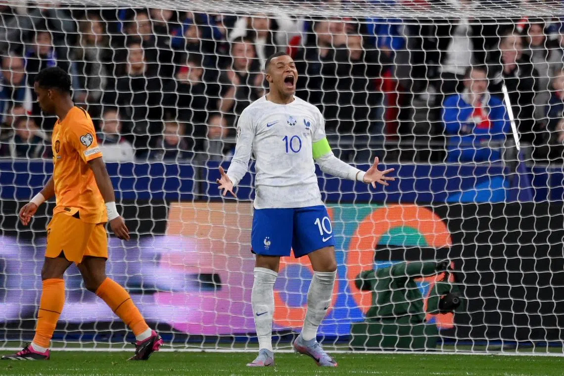 France forward Kylian Mbappe celebrating after scoring his team's third goal during their 4-0 Euro 2024 qualifying win over the Netherlands at the Stade de France last Friday.