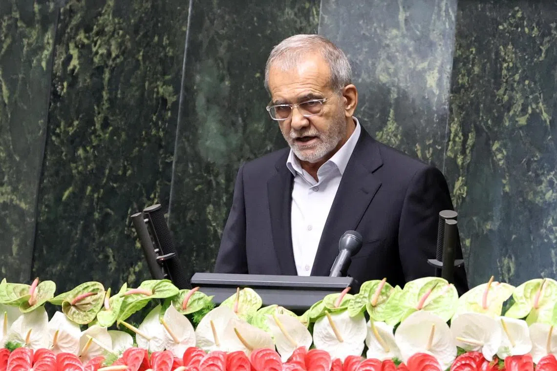 Iranian President Masoud Pezeshkian, seen here after his swearing-in on July 30, said his country has the “right to respond to aggressors” as it weighs avenging Israel's recent assassination of a Hamas leader in Tehran. 