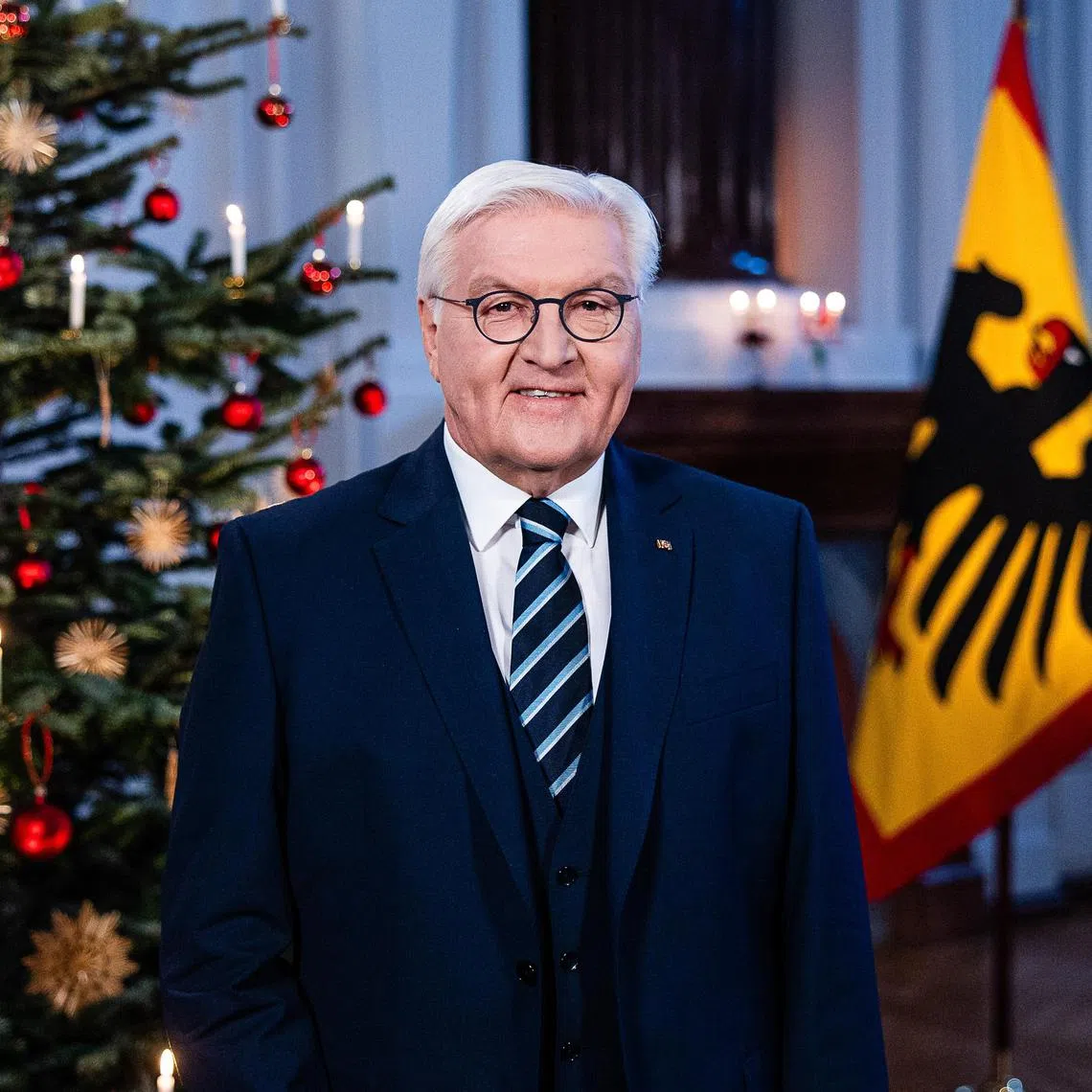 German President Frank-Walter Steinmeier recording his annual Christmas televised address to the nation at Schloss Bellevue in Berlin, Germany on Dec 23. 