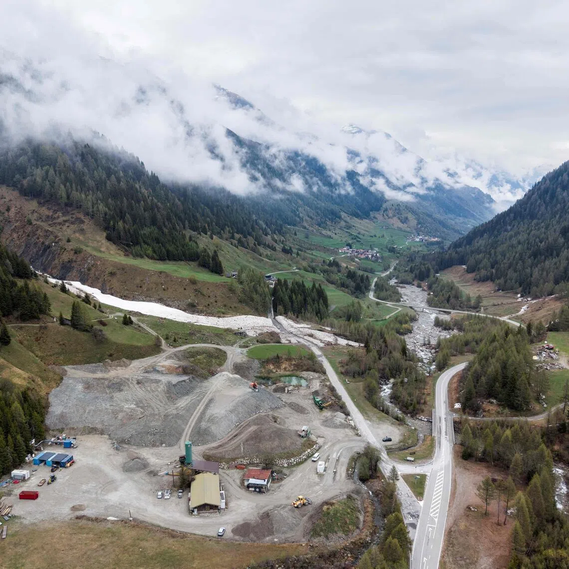 An aerial view of the entrance to the BedrettoLab, an underground research facility operated by ETH Zurich located 1500m beneath the Swiss Alps.