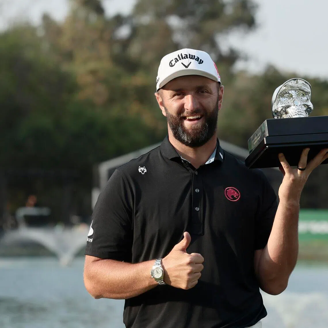 Jon Rahm of Team Legion XIII holds the winner’s trophy after his victory in the fourth round of the LIV Golf tournament in Mexico City.