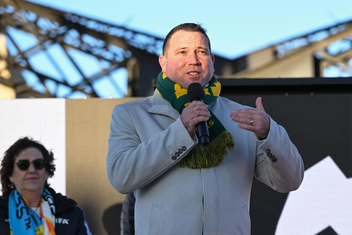 Football Australia chief James Johnson speaks during a celebration ahead of the Women's World Cup on the Sydney Harbour Bridge.