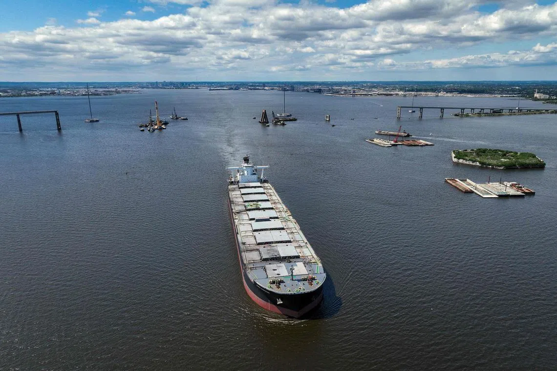 A Japanese bulk carrier sails though the recently opened channel in the Patapsco River in Baltimore, Maryland.