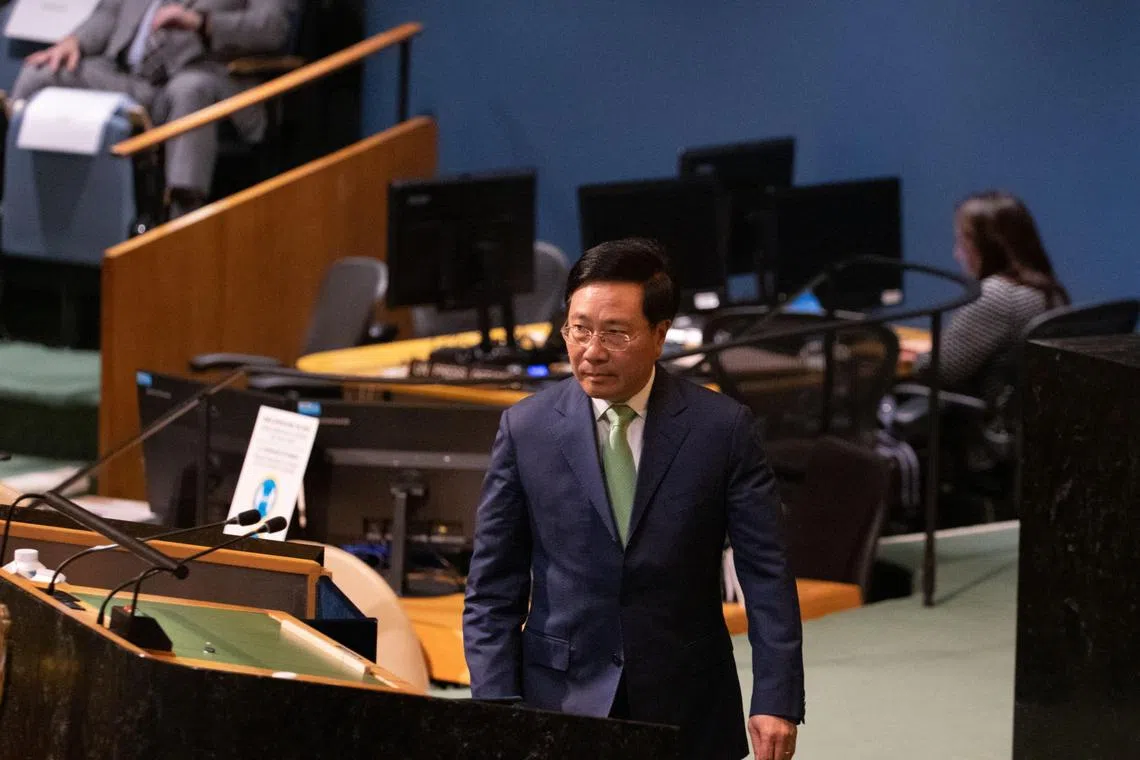 Pham Binh Minh, deputy prime minister of Vietnam, arrives to speak during the United Nations General Assembly (UNGA) in New York, US, on Saturday, Sept. 24, 2022. Speaking at the United Nations General Assembly on Friday, Pakistan Prime Minister Shehbaz Sharif offered an emotional account of living on the front lines of the climate crisis after severe floods ravaged the country. Photographer: Jeenah Moon/Bloomberg