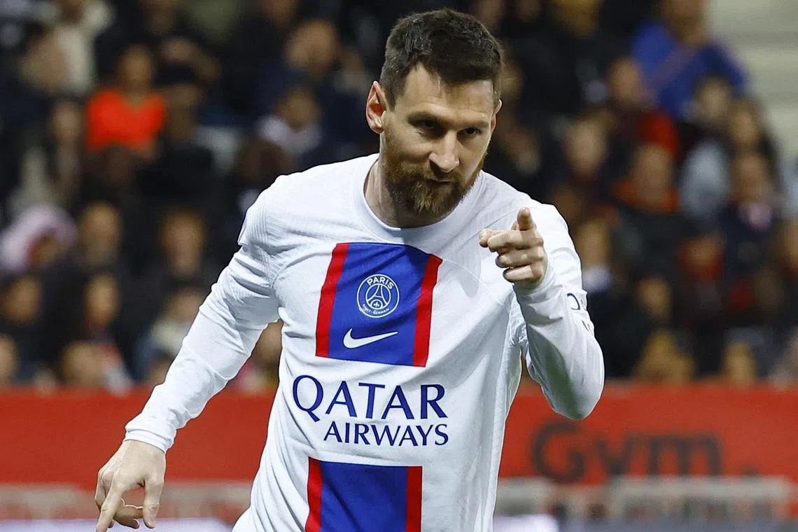 Lionel Messi celebrates after scoring in a 2-0 Ligue 1 win over Nice on Saturday.
