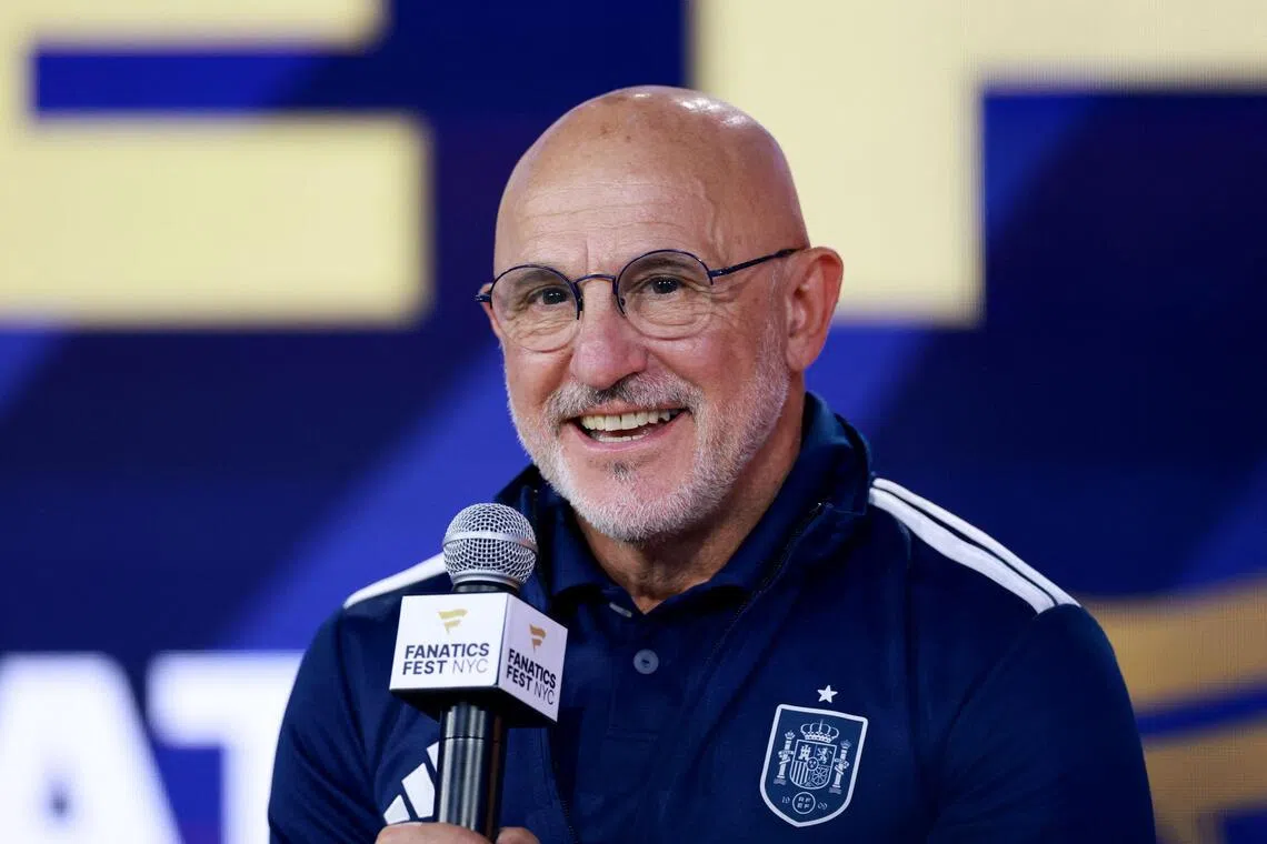 NEW YORK, NEW YORK - JULY 17: Luis De La Fuente, Head Coach of Spain, speaks during a press conference ahead of the FIFA World Cup 2026 Final at Fanatics Fest at Javits Center on July 17, 2026 in New York, New York.   Elsa/Getty Images/AFP (Photo by ELSA / GETTY IMAGES NORTH AMERICA / Getty Images via AFP)